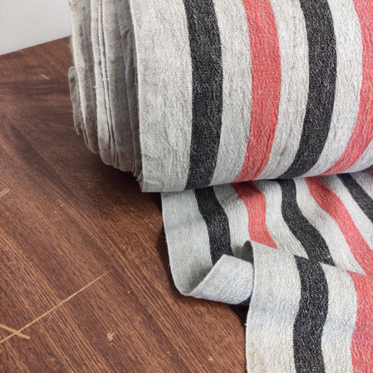 Red black natur - sack weave linen fabric - French stripes - 435A