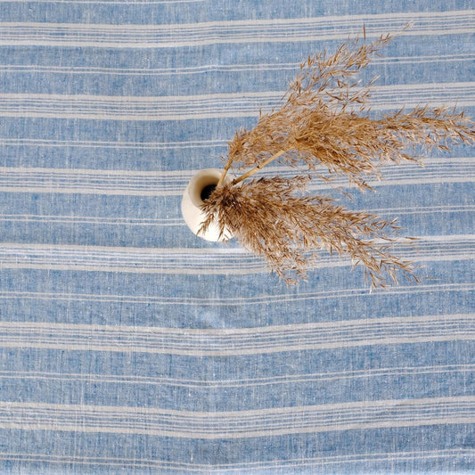 Blue cottage stripes linen tablecloth