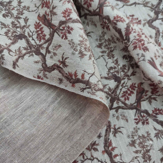 100% LINEN Fabric Toile de Jouy brown, oatmeal natur linen fabric with brown print, French linen fabric upholstery trees branches with birds