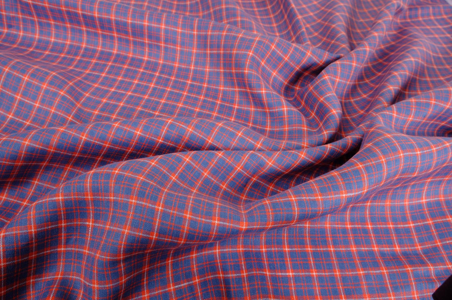 Checked light linen fabric - blue red - 071M