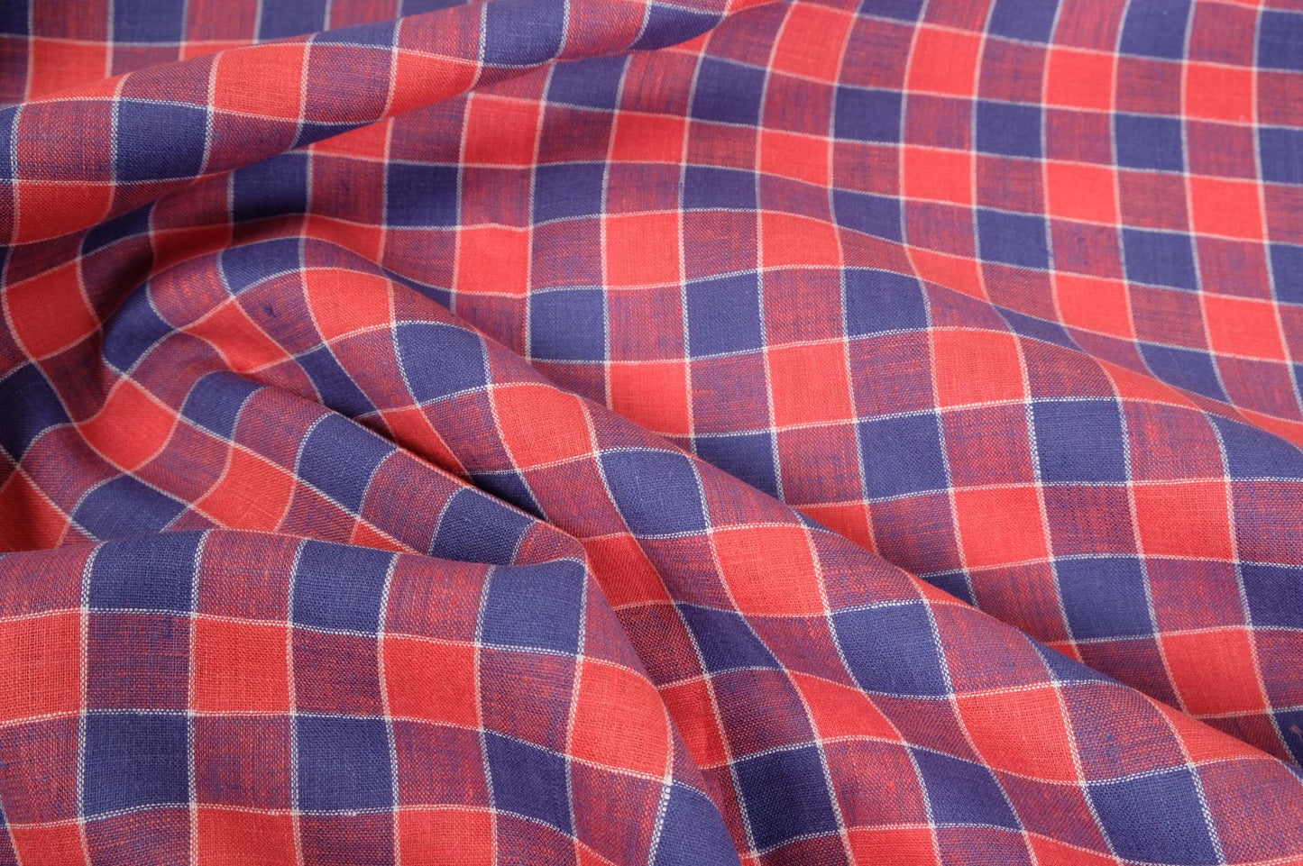 Checked light linen fabric - blue red - 068M