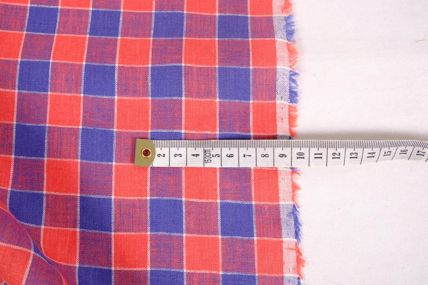 Checked light linen fabric - blue red - 068M
