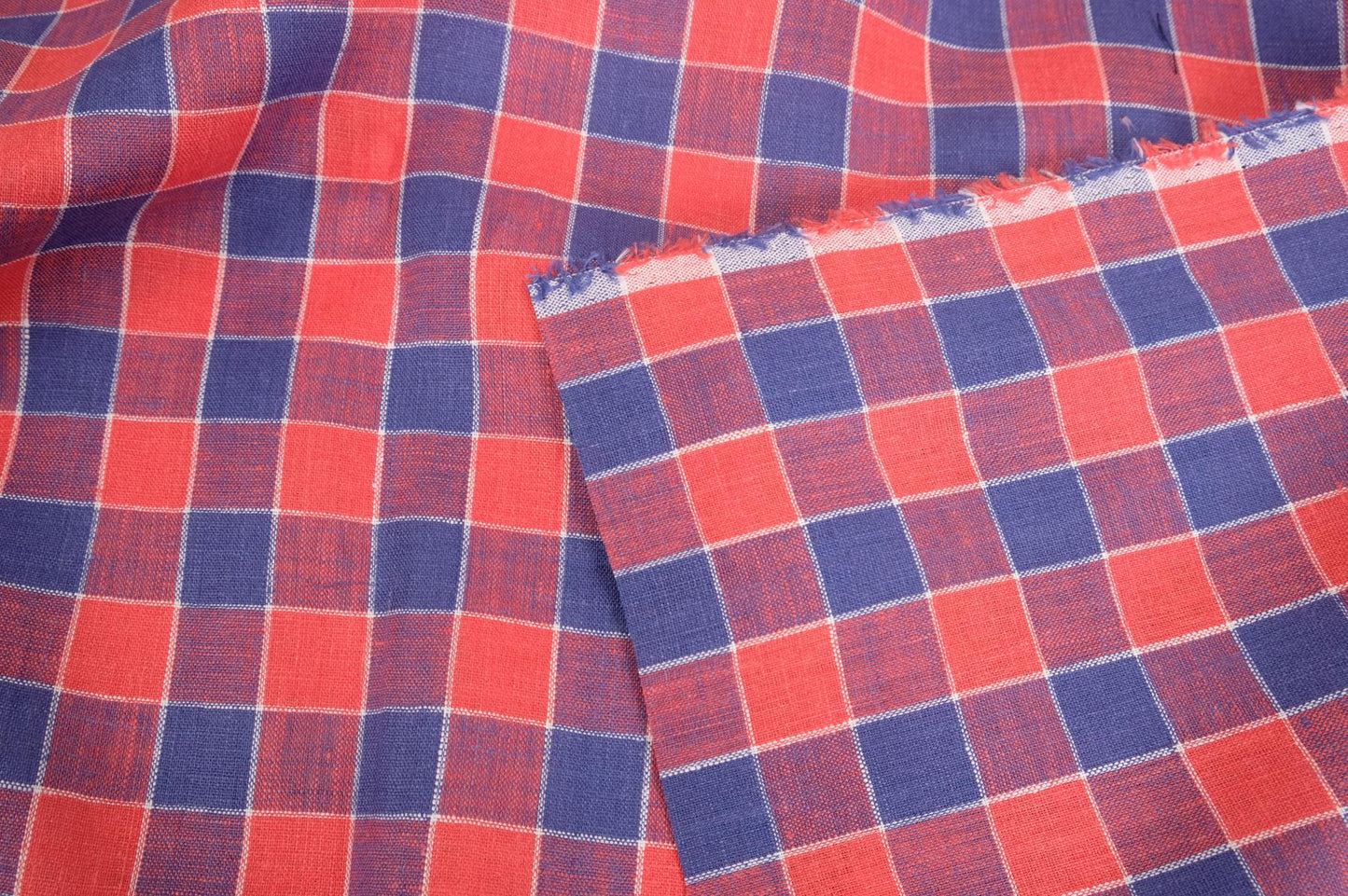 Checked light linen fabric - blue red - 068M