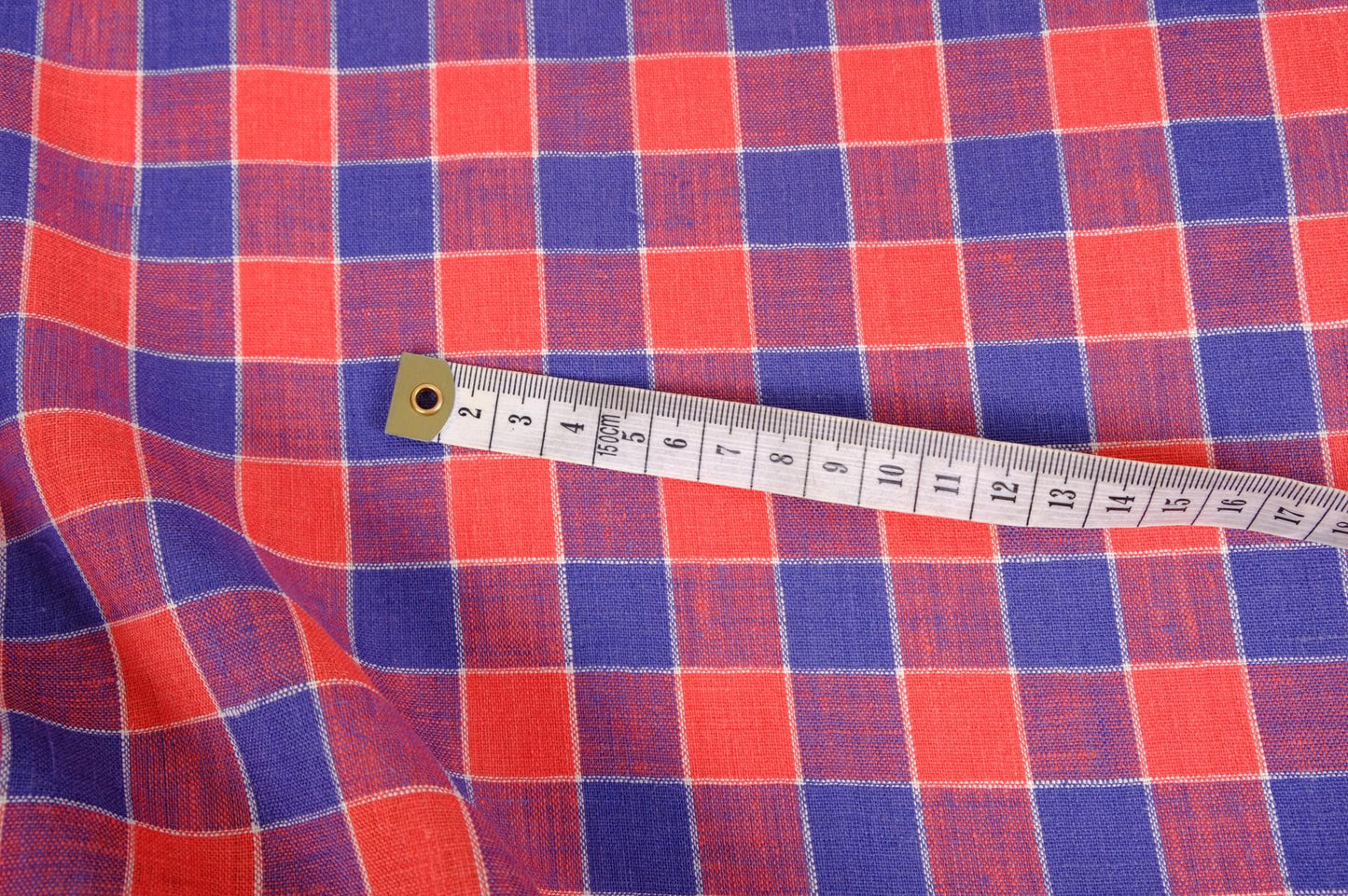 Checked light linen fabric - blue red - 068M