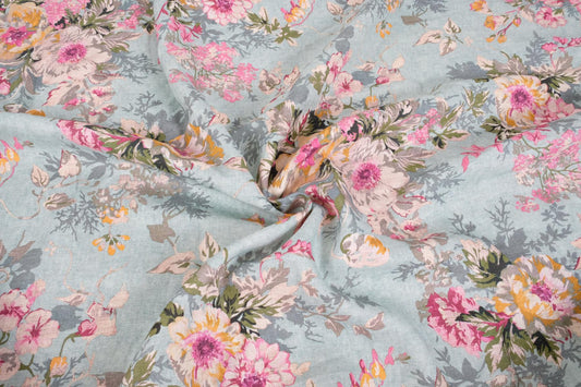 Pastel floral blue print linen fabric - 9900P