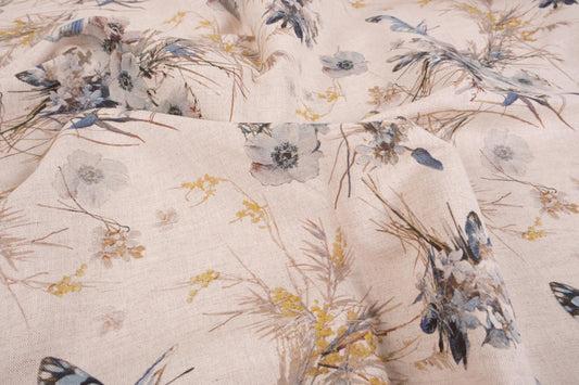 100% linen fabric Beige floral with butterflies printed - 9901P