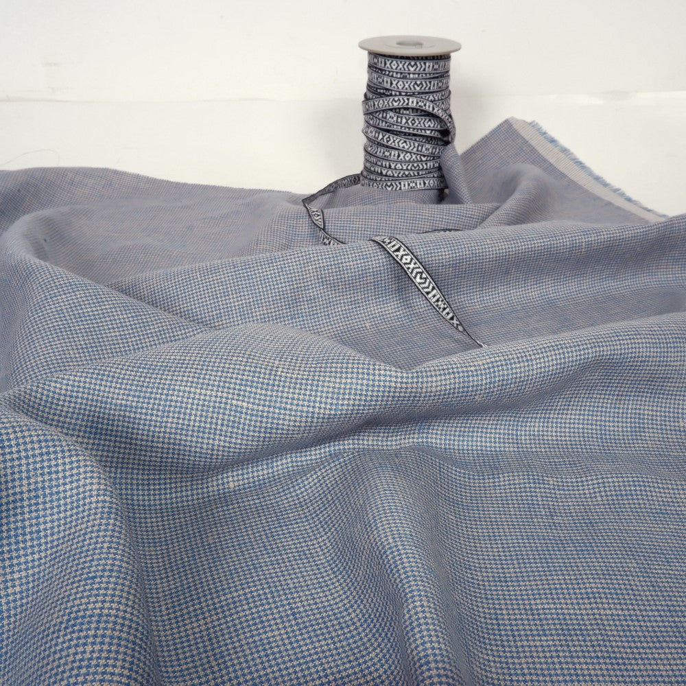 Finest medium linen fabric - houndstooth natural blue - 9955P