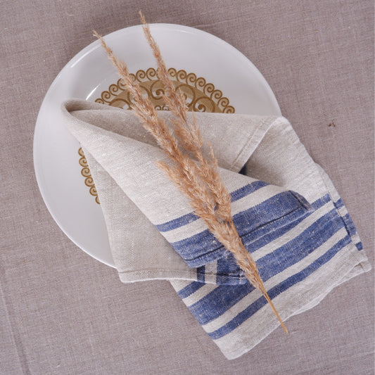 Natur - Navy blue striped - linen napkin - Navy Edges