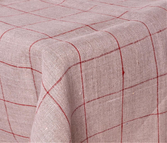 Natur linen tablecloth with red checks