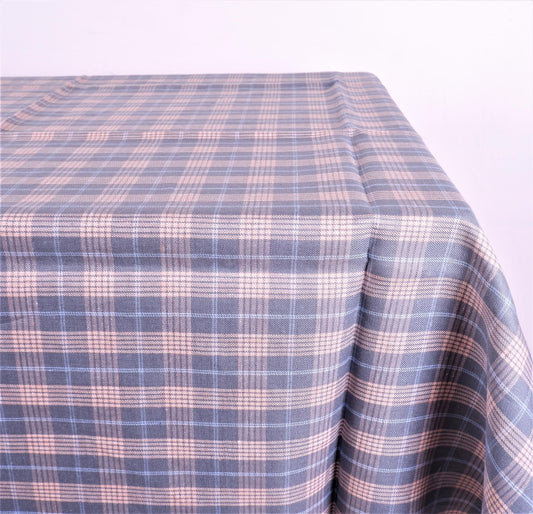 grey linen tablecloth in blue-pink checks