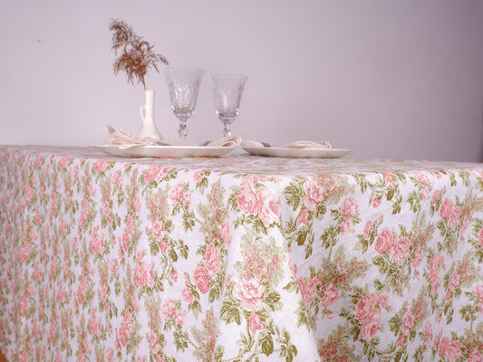 White linen tablecloth with printed flowers