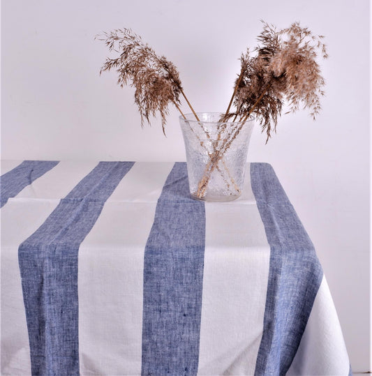 White linen tablecloth with blue stripes