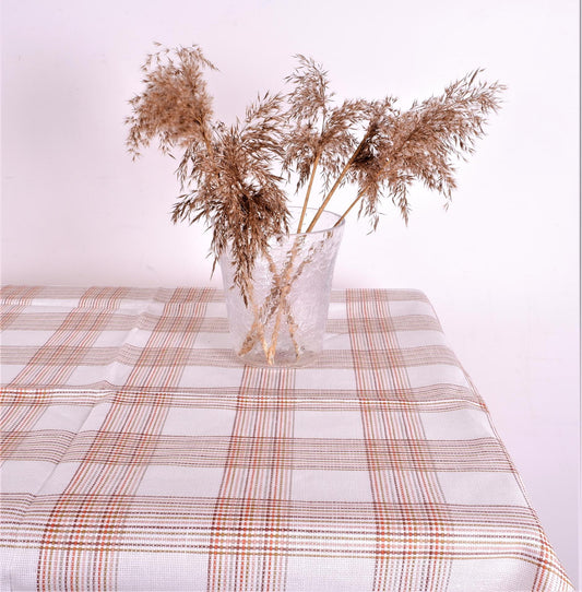 Checkered white linen tablecloth
