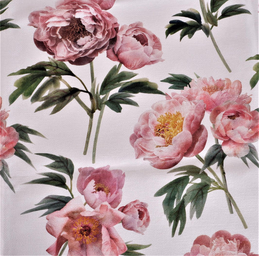 Coated linen tablecloth with printed flowers on white