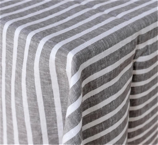 Linen tablecloth with grey - white stripes
