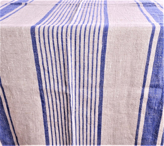 Natural linen tablecloth with blue stripes - village blue stripes tablecloth