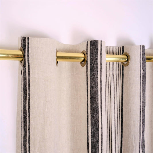 BLACKOUT - Natural linen curtains Village black stripes