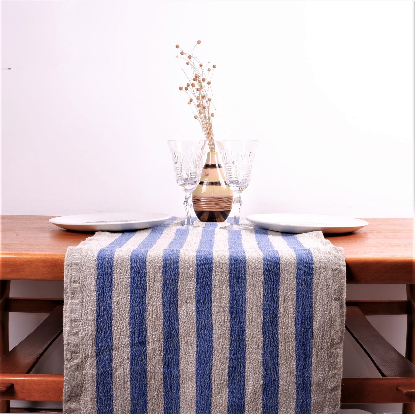 French - Blue stripes - linen table runner