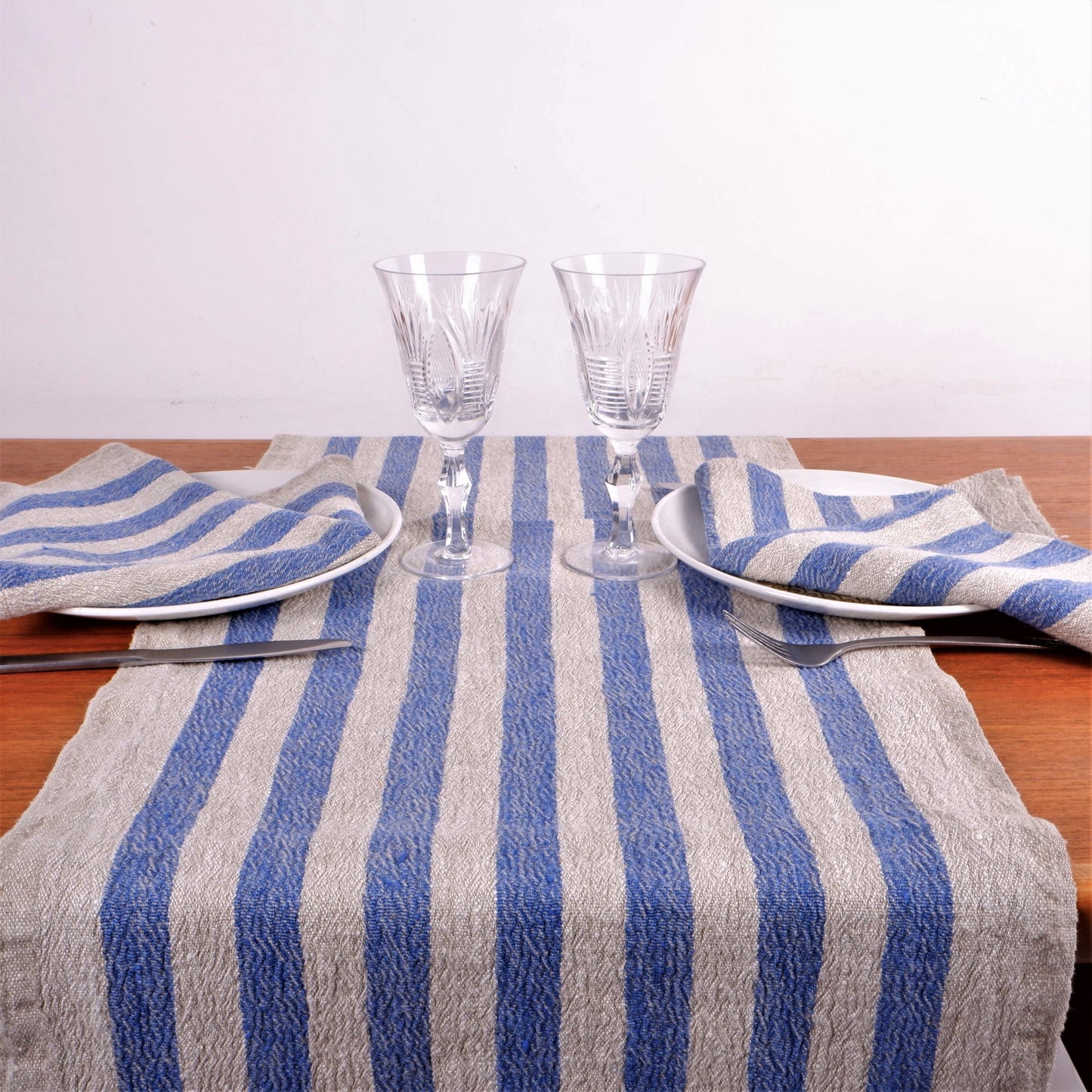 French - Blue stripes - linen table runner