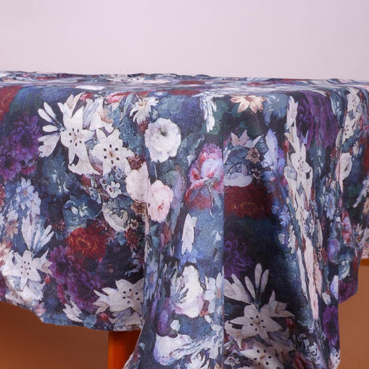 Dark floral linen tablecloth