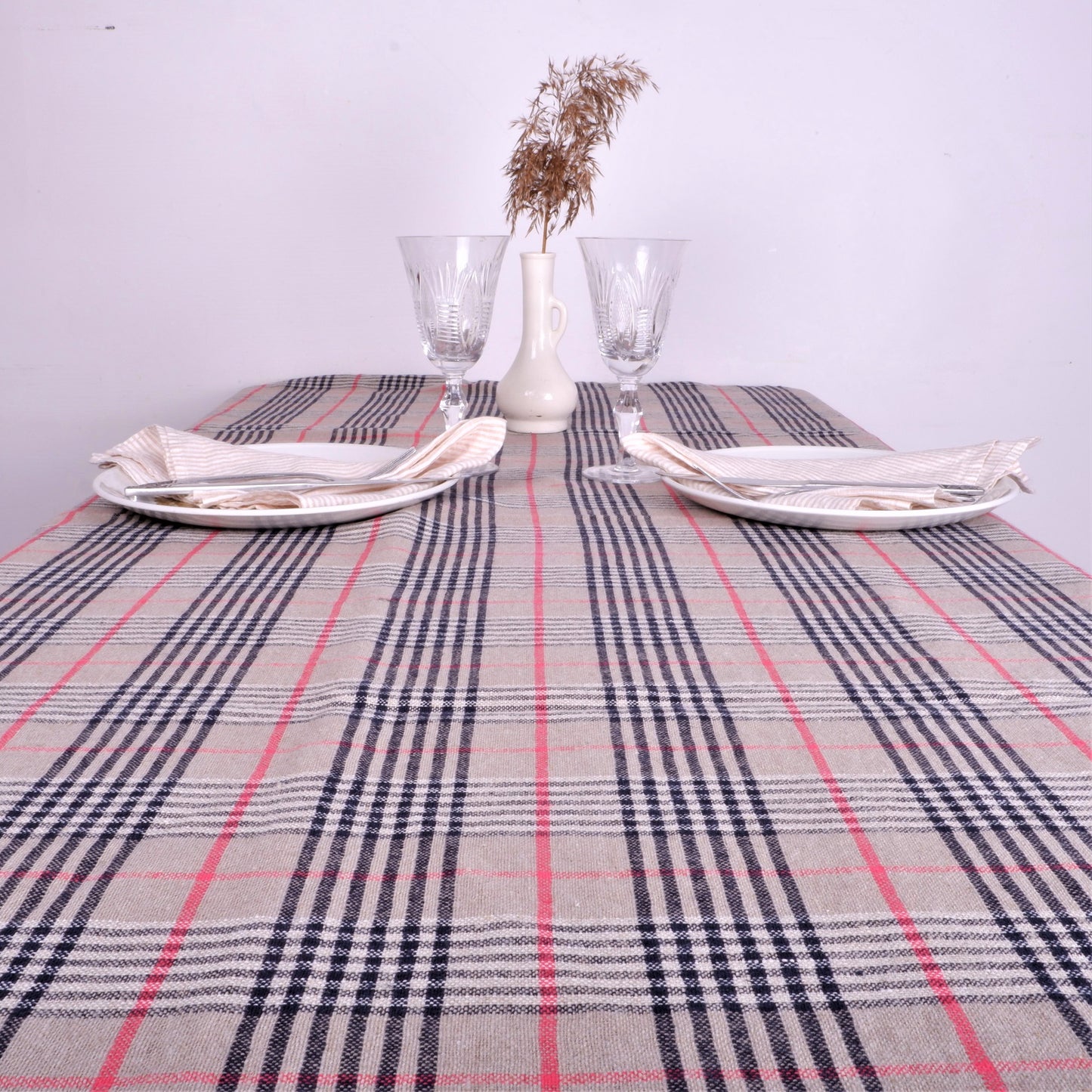 Tartan brown - black checks - linen tablecloth
