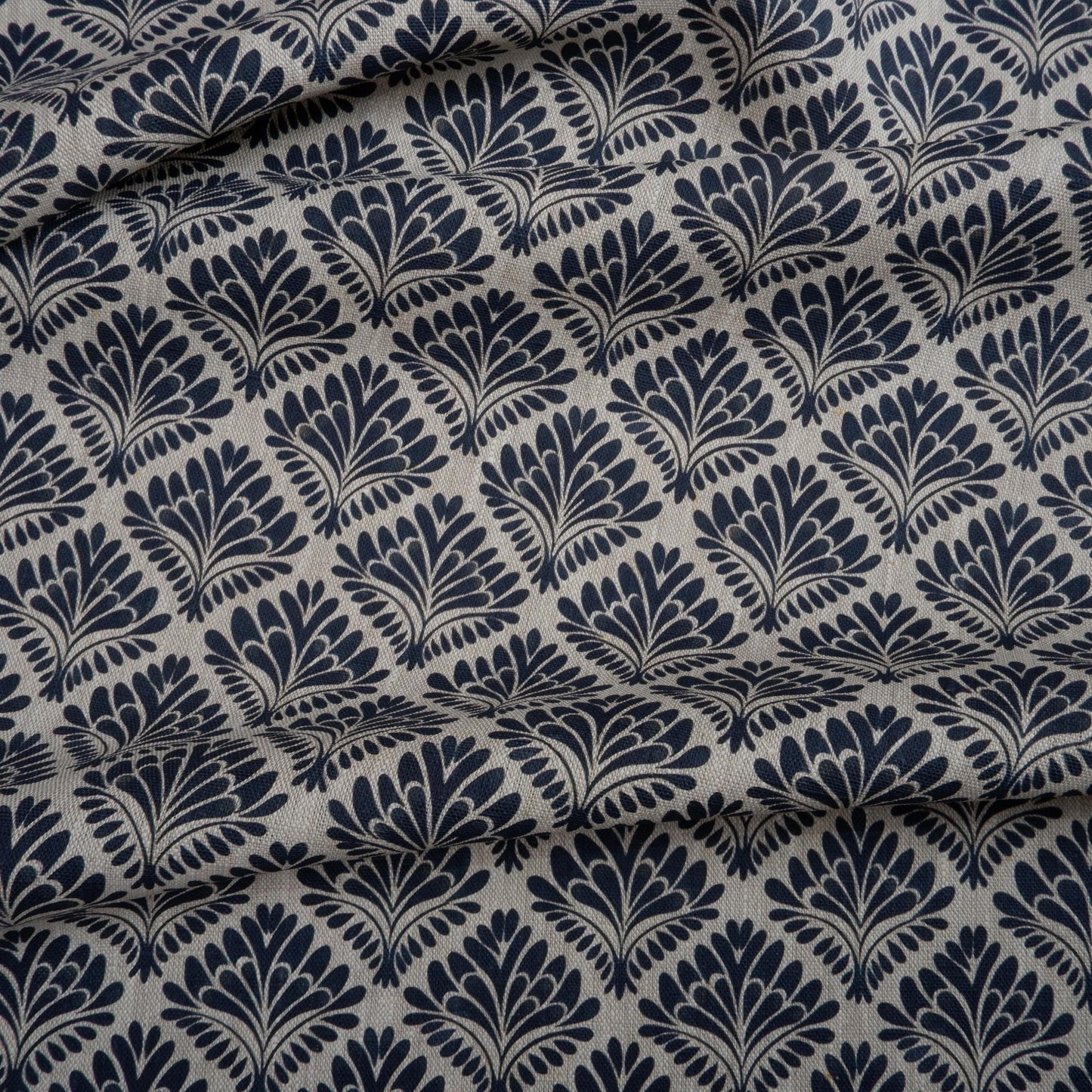 100% LINEN Fabric block print on oatmeal, linen fabric with blue indigo floral print, heavy linen fabric for upholstery home decor clothing