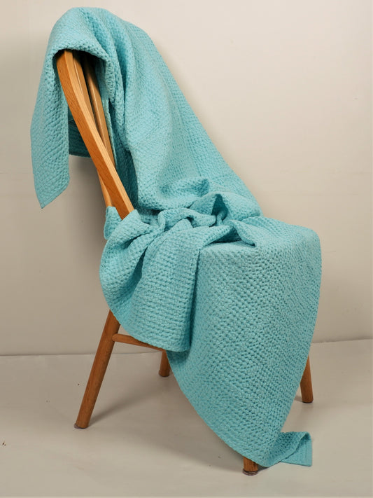 Double sided aquamarine waffle linen blanket - wide