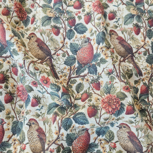 Birds in Strawberry field 100% LINEN Fabric, flax linen fabric Strawberry print on linen for home textile clothing curtains