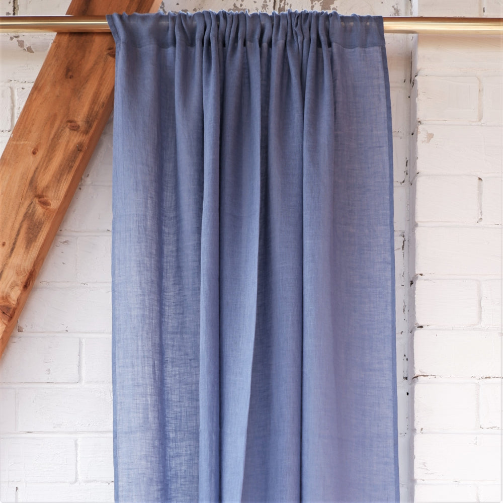 Sheer Linen curtain in lake blue with rod pocket