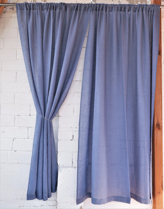 Sheer Linen curtain in lake blue with rod pocket
