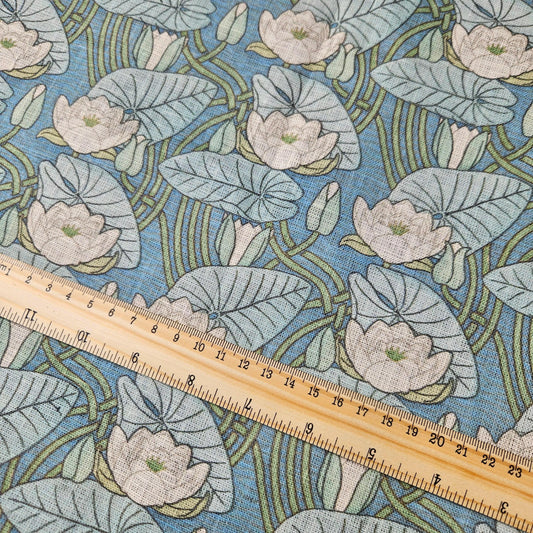 100% linen fabric Vintage Waterlily print - green floral 2468