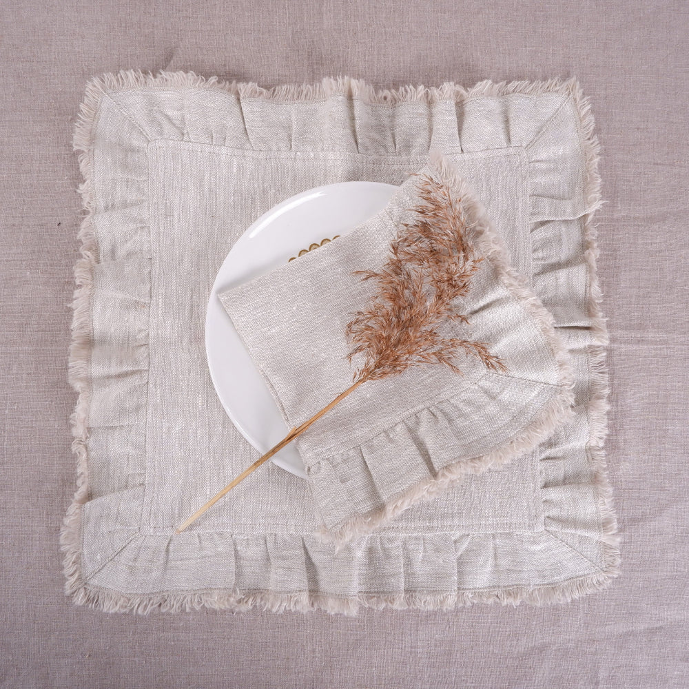 Ruffled oatmeal linen napkin - placemat