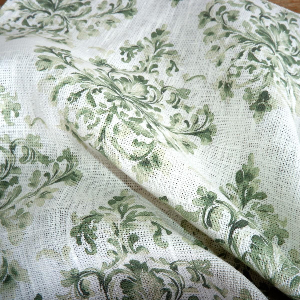 100% LINEN Fabric block print green on white, linen fabric with floral greenery print, heavy linen fabric for upholstery home decor