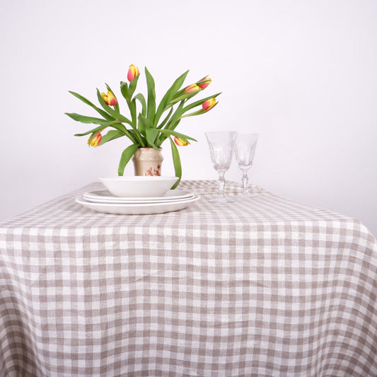 Natural and White checks - linen tablecloth