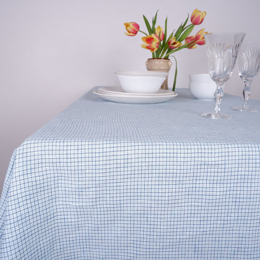 Tiny blue check - linen tablecloth