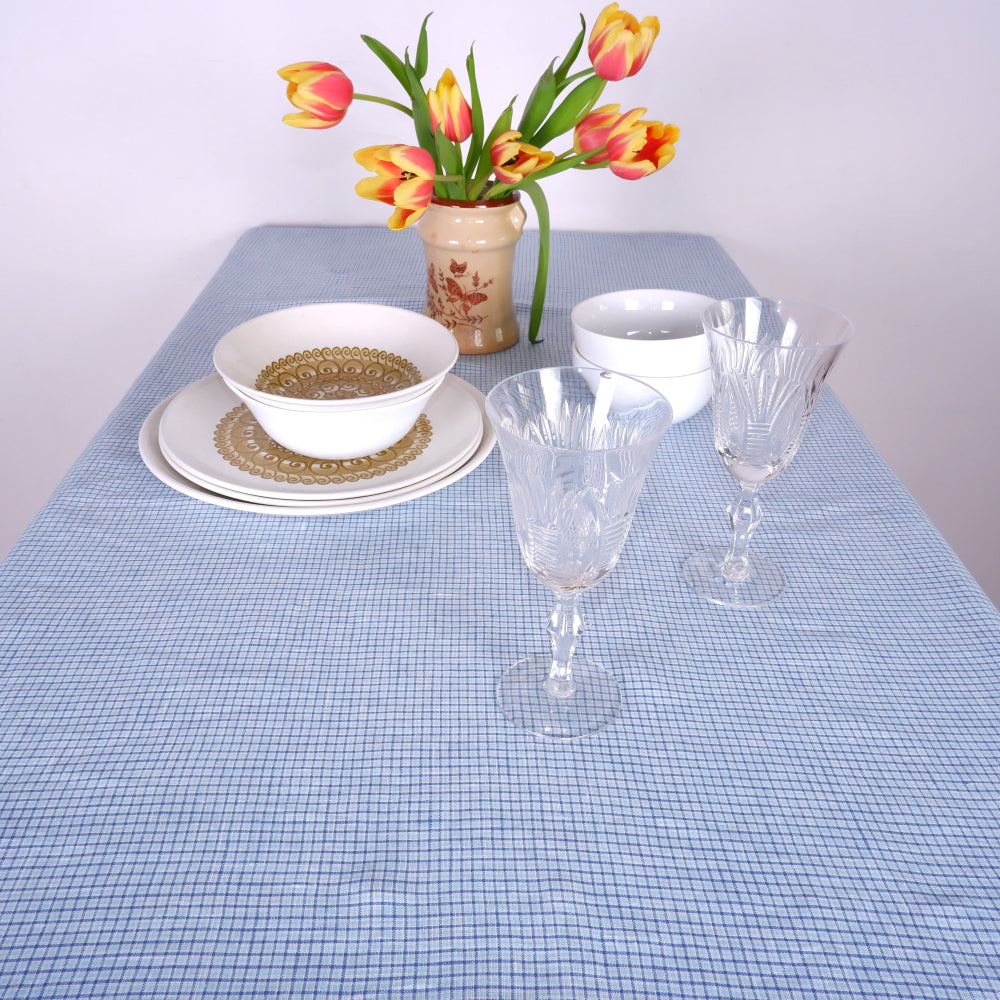 Tiny blue check - linen tablecloth