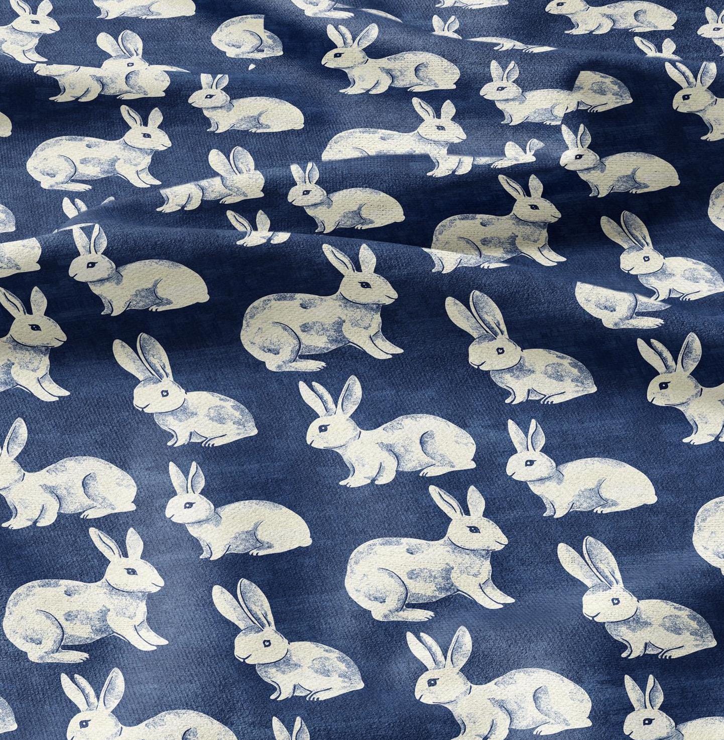 100% LINEN Fabric Rabbit indigo blue print - bunny linen fabric with blue coastal print for upholstery home decor