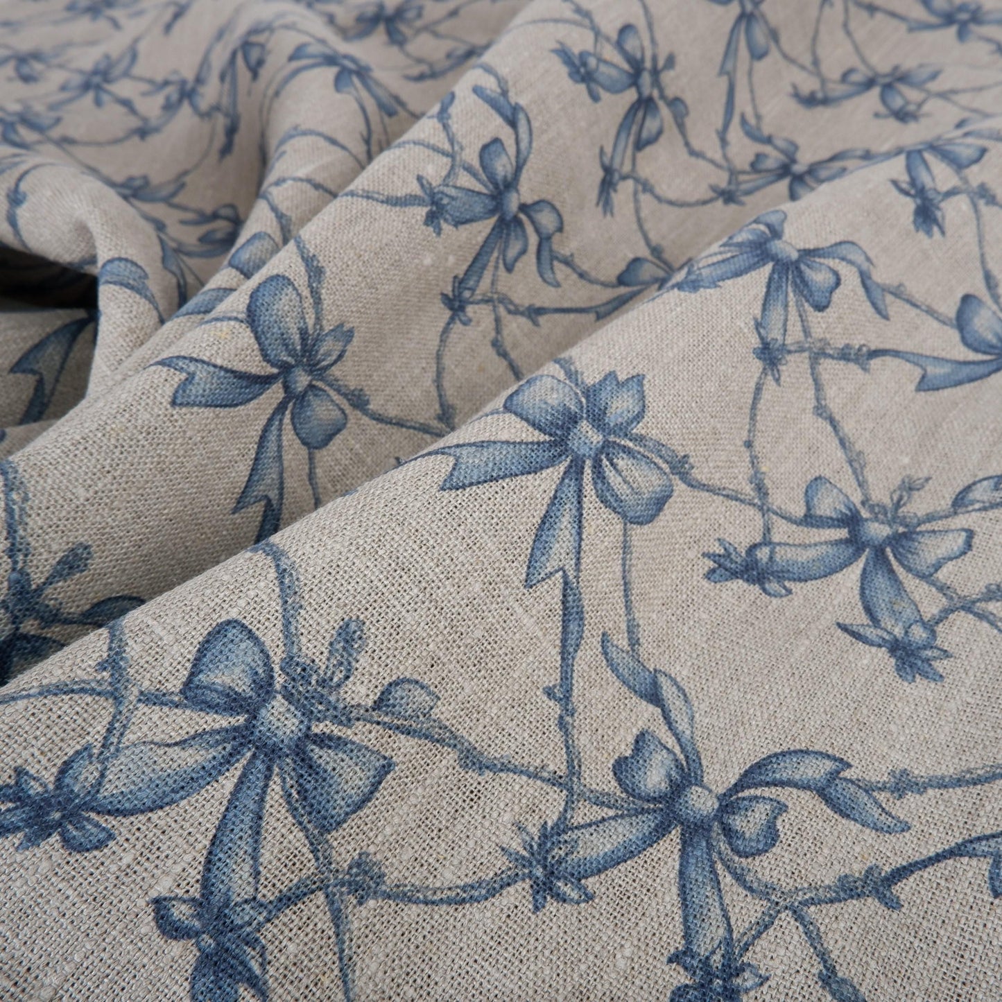 100% LINEN Fabric Blue Ribbon bow - linen fabric blue print Nursery - linen floral fabric upholstery curtains dress making