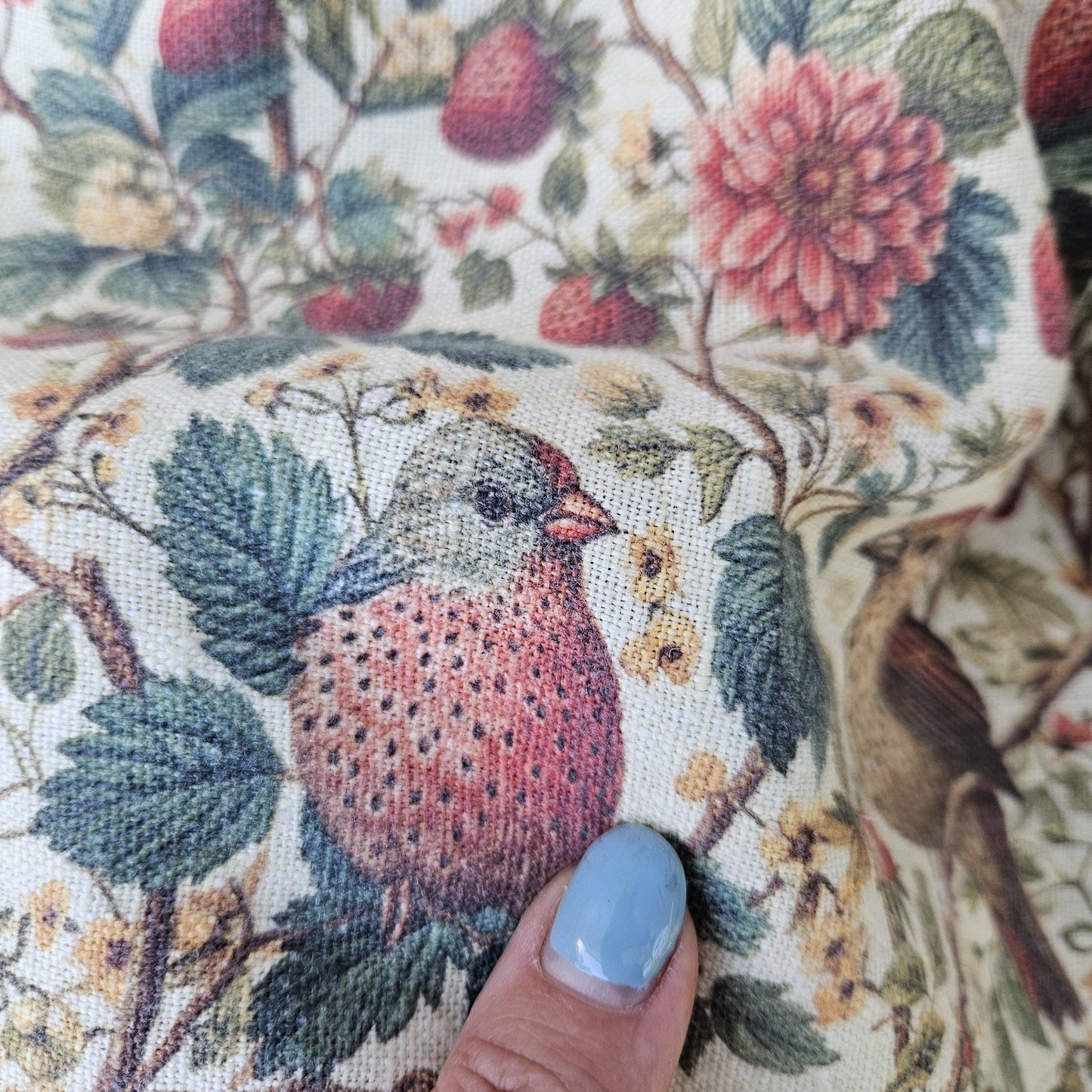 Birds in Strawberry field 100% LINEN Fabric, flax linen fabric Strawberry print on linen for home textile clothing curtains