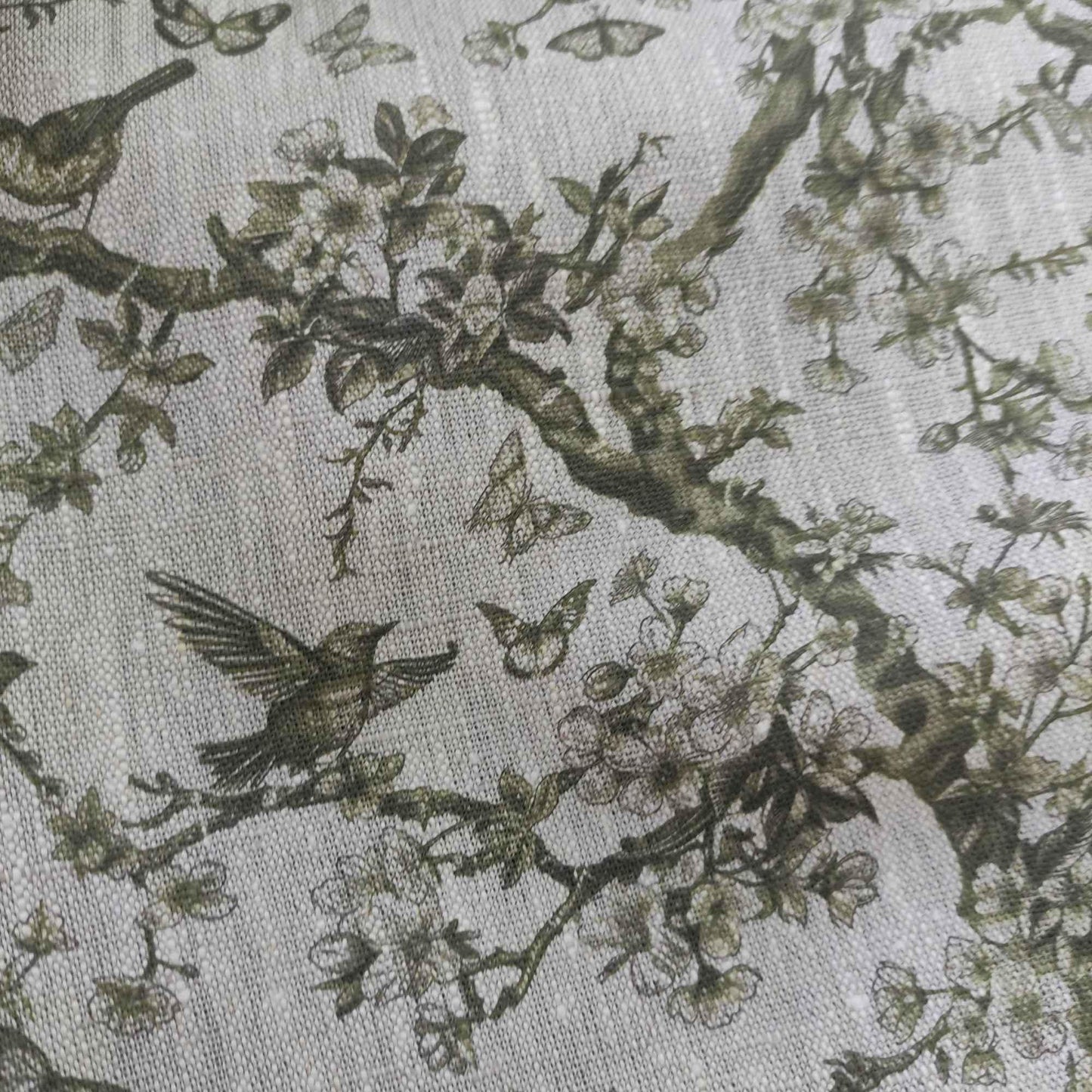 100% LINEN Fabric Toile de Jouy green, oatmeal natur linen fabric with green print, French linen fabric upholstery trees branches with birds