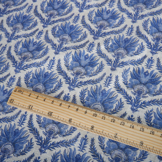 100% LINEN Fabric French blue block print on white linen - toile de jouy fabric - floral upholstery heavy or dressmaking medium weight 2510
