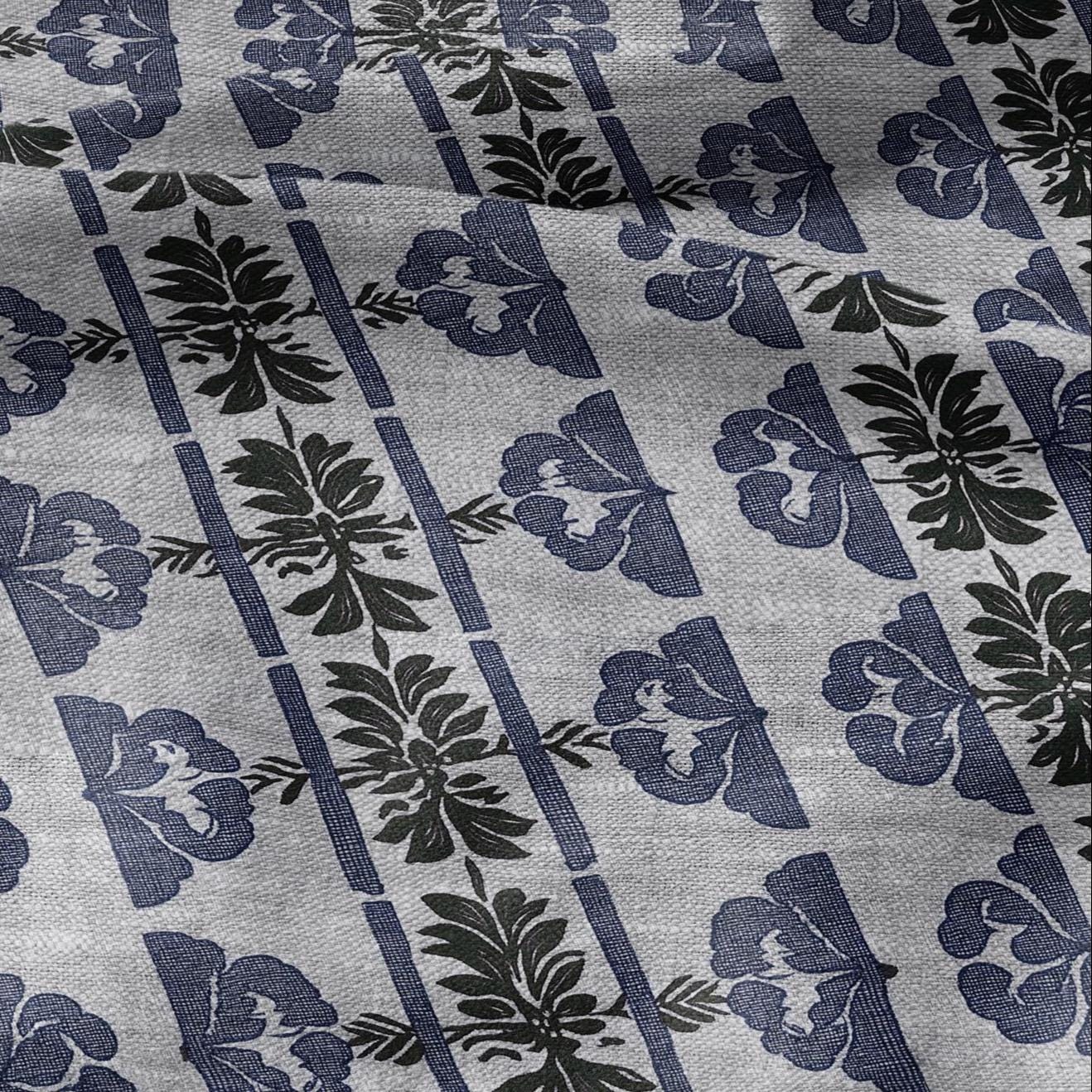 100% LINEN Fabric hand block print floral stripe - oatmeal linen fabric with blue green print - fabric for home decor upholstery