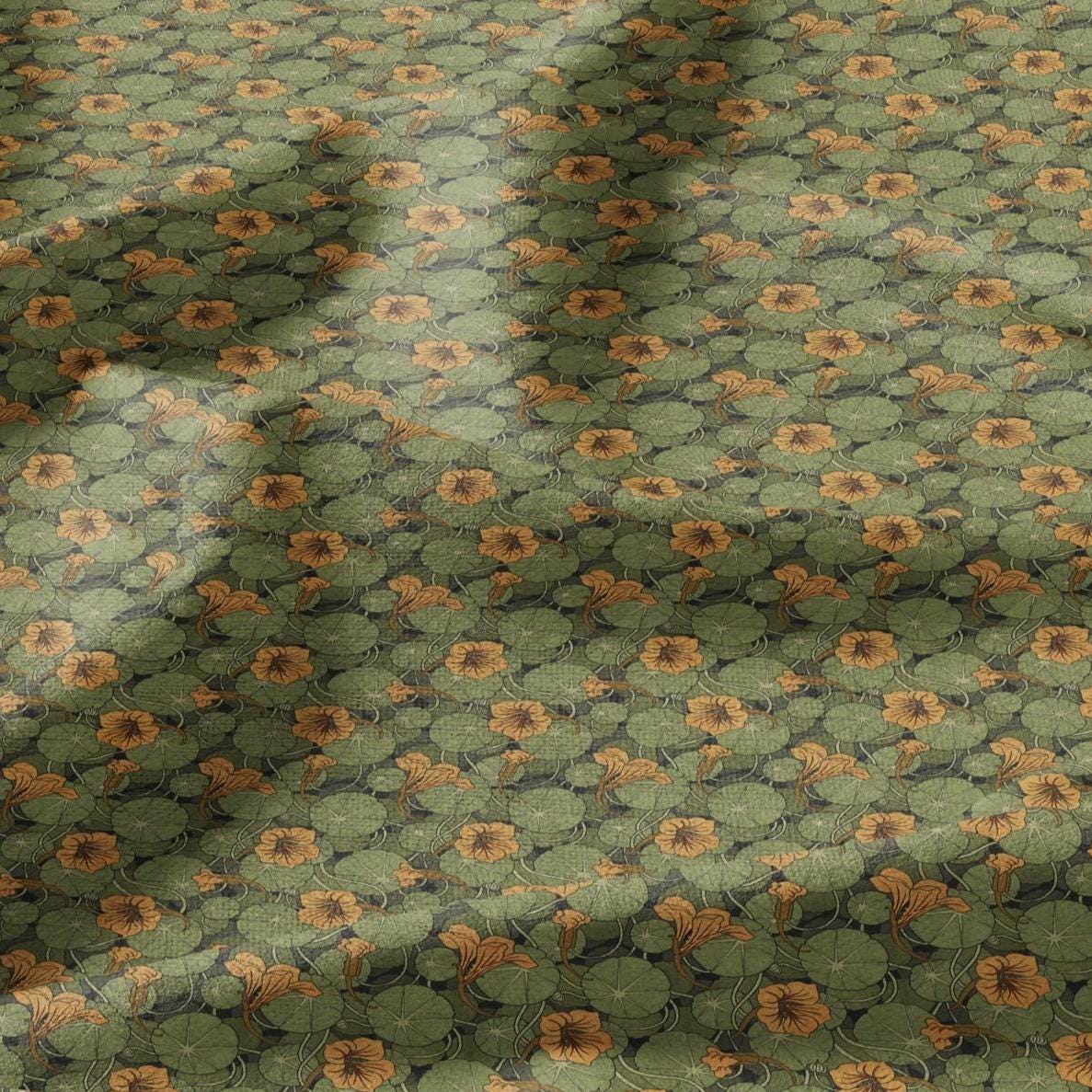 100% linen Nasturtium prints fabric for Curtain Upholstery Cushion - Art deco orange flower print fabric for dress making sewing