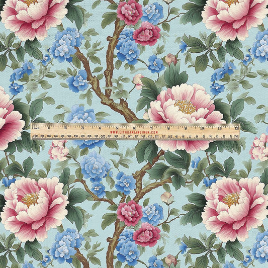 100% LINEN Fabric UPHOLSTERY 12oz - Chinoiserie peony floral print on linen blossom 2282