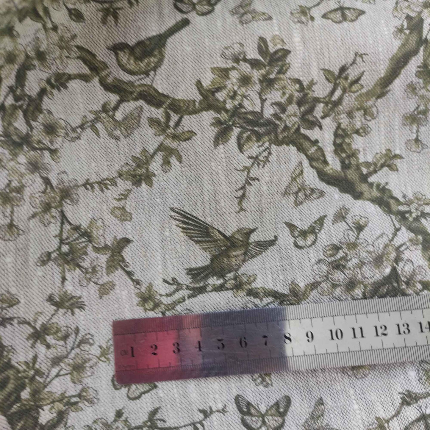 100% LINEN Fabric Toile de Jouy green, oatmeal natur linen fabric with green print, French linen fabric upholstery trees branches with birds