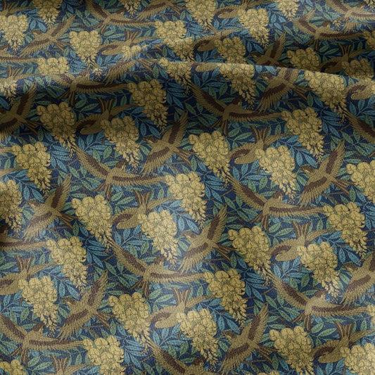 100% LINEN Fabric Dandelion flower print - Art Nouveau Sparrows green yellow - heavy home decor light upholstery - medium dress sewing 2463