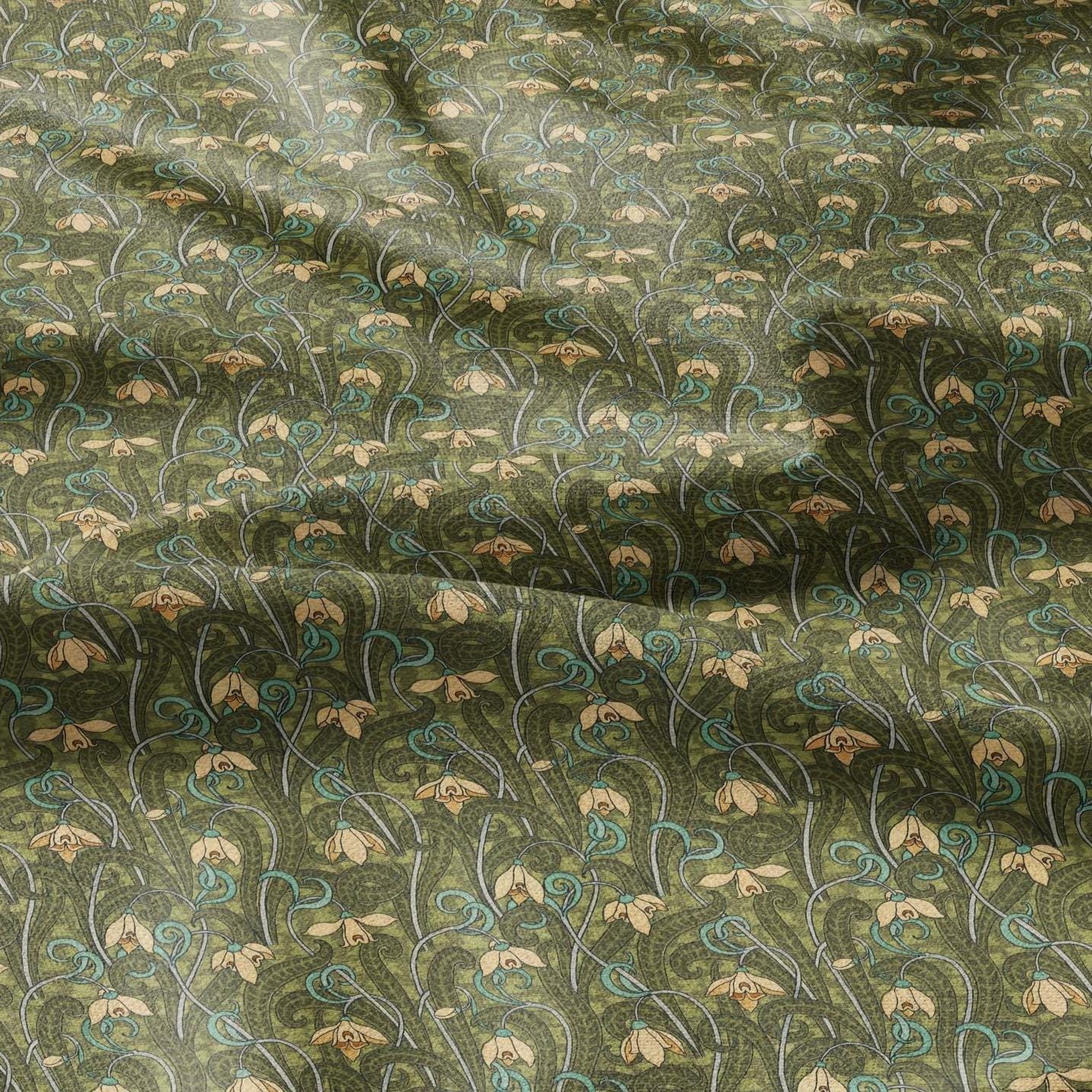 100% linen Snowdrop prints fabric for Curtain Upholstery Cushion - Art deco flower print fabric for dress making sewing