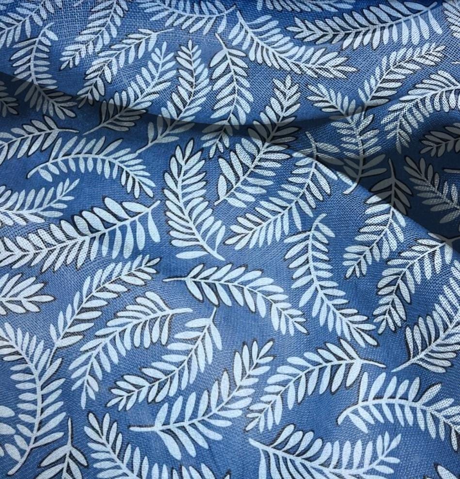 Premium Laundered Linen with blue print | 100% LINEN | Midweight linen fabric with blue floral print for dresses clothing home textile