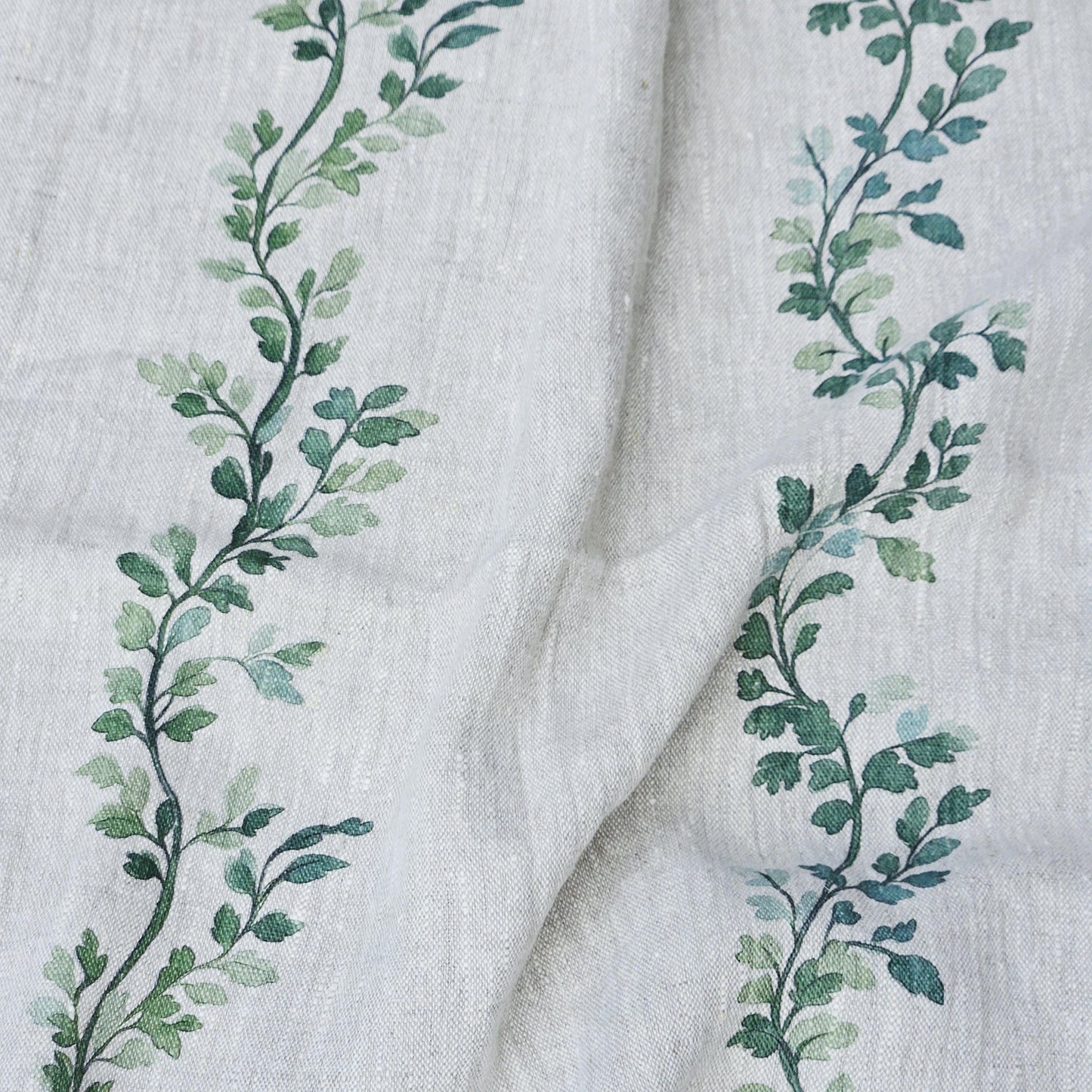 100% LINEN Fabric Striped floral print - block print green leaves on oatmeal linen for upholstery curtains dress making 2668
