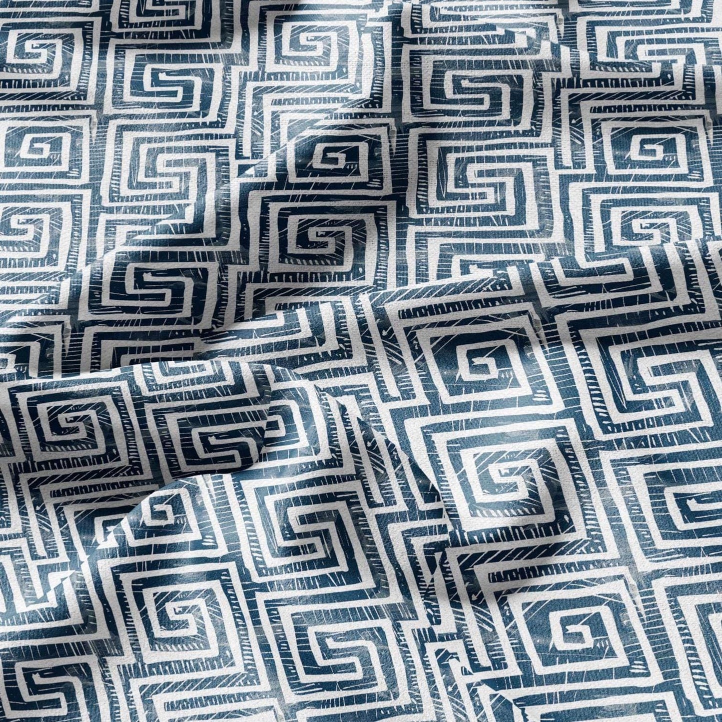 100% LINEN Fabric block Greek key Infinity print indigo blue on white - heavy linen fabric for upholstery home decor 2590